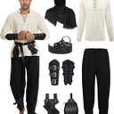 7 Pcs Men's Renaissance Costume Medieval Pirate Shirt Ankle Banded Pants Viking Costume Accessories Set (Large, Black)