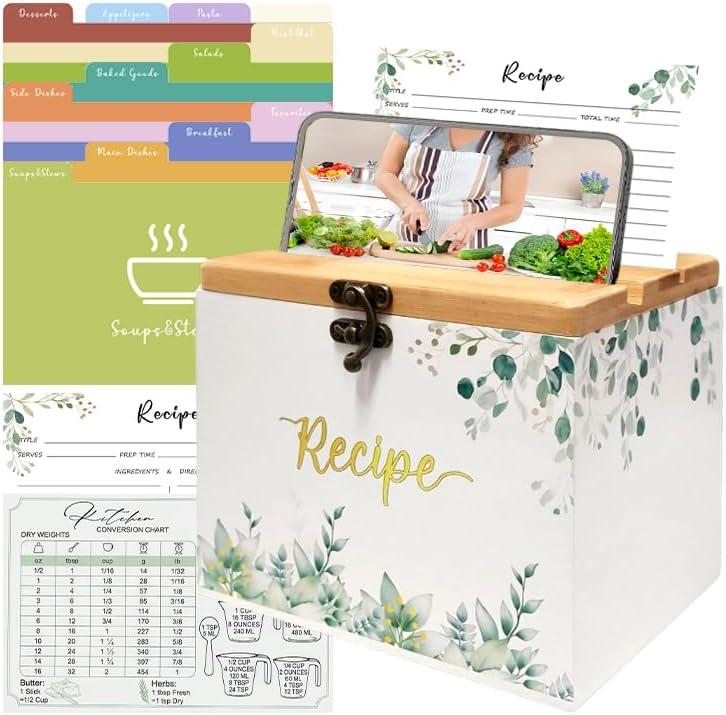 Wooden Recipe Box With Leaf Pattern, Recipe Cards And Box Set Includes 100 4x6 Recipe Cards, 12 Dividers Smooth Hinge, Sturdy Packaging Built-In Recipe Holder Slot, Farmhouse Recipe Box