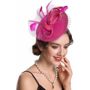 SAFERIN Fascinator for Women Hair Clip Hat Bowler Feather Flower Veil Wedding Party Tea Hat (Pink)