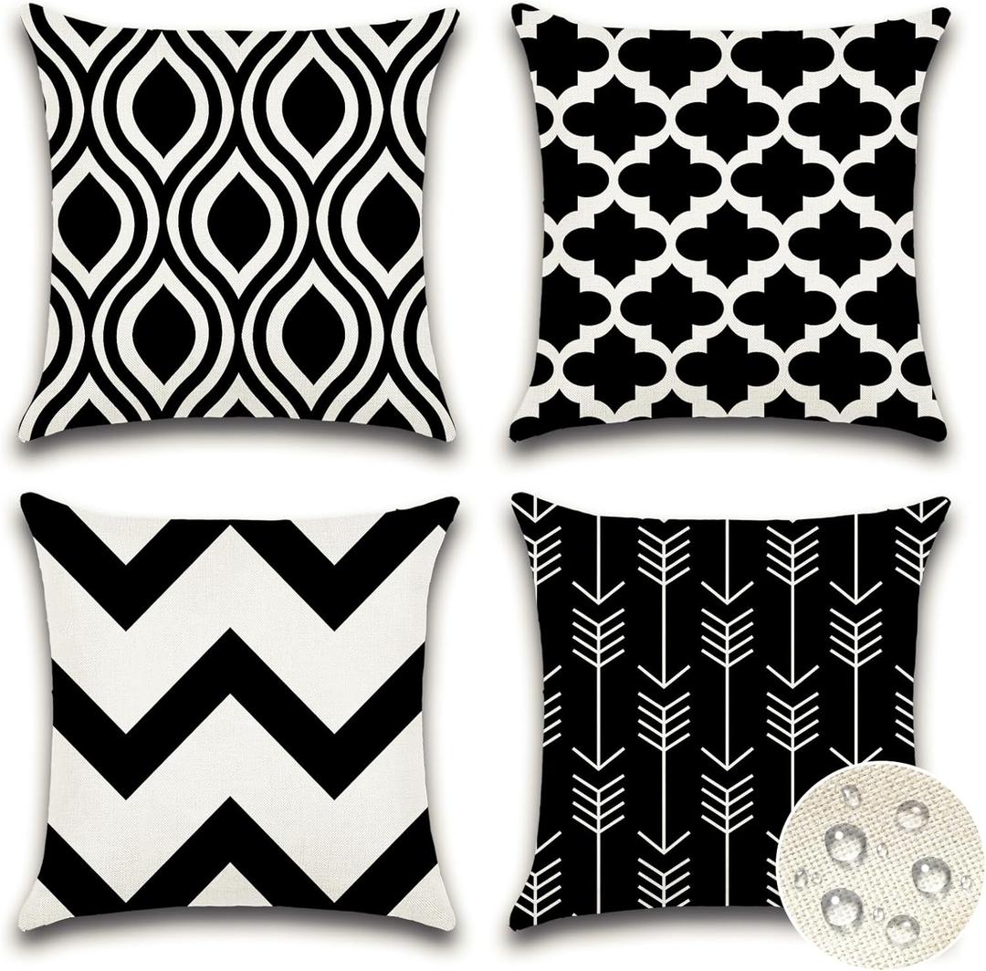 OTOSTAR Pack of 4 Outdoor Waterproof Throw Pillow Covers 18x18 Inch Decorative Outdoor Pillow Covers Garden Modern Black Geometric Cushion Cases for Patio Furniture Couch Ten Bench (Black)