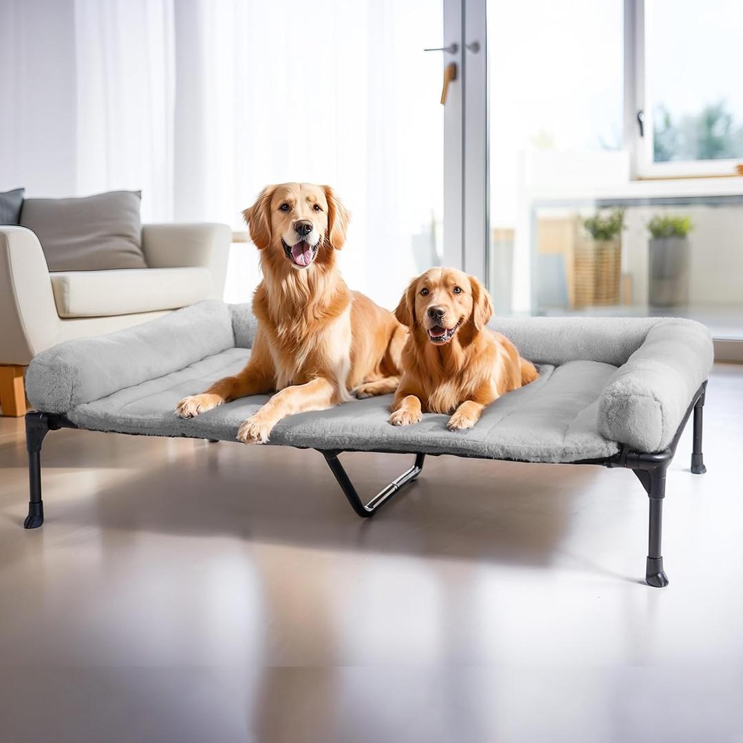Veehoo Orthopedic Elevated Dog Bed with Fluffy Plush Bolster Cushion, Indoor Raised Dog Beds for Large Dogs, Soft Pet Sofa Cot with Removable Washable Mat, No-Slip Feet, 59 x 37 inches, Grey