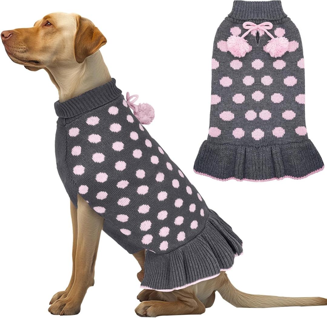 KYEESE Dog Sweater Dress Turtleneck Dog Sweaters for Girl Medium Dogs Polka Dot Knit Pullover Warm Pet Clothes for Fall Winter (XX-Large(35-60lbs), 02# Polkadot (Grey))