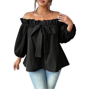 OYOANGLE Women's Plus Size Off Shoulder Blouse Bow Tops Lantern Sleeve Frill Trim Flared Shirts, 4XL