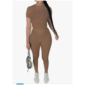 Women Casual Workout Sets 3 Pieces Lounge Wear Yoga Outfits Short Sleeve Ribbed Top Elastic High Waist Leggings, Size M