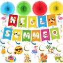 Summer Party Decorations, Hello Summer Banner Beach Pool Party Decorations with Hanging Swirls and Paper Fans for Home, Office, School, Classroom