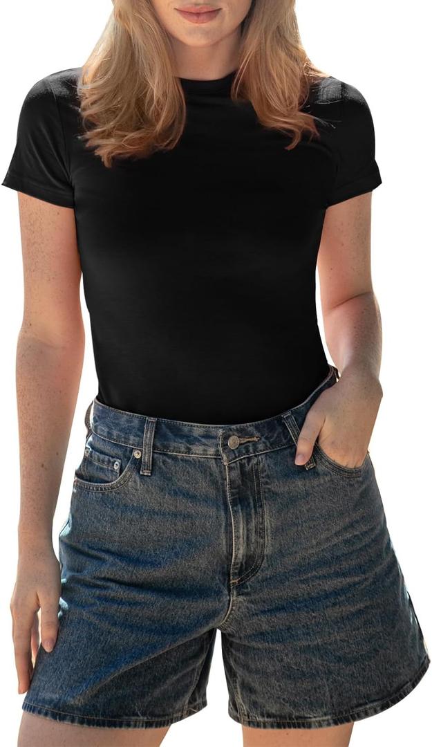 BAMBOO COOL Women's Skin-Tight Soft T-Shirts Short Sleeve Slim Fit Tops for Women Cute Basic Tees (Large, Black)