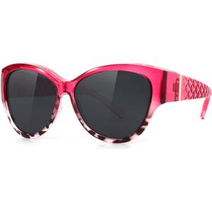 Meeloog Women Polarized Sunglasses Covers for Glasses, Wrap Around Cat Eye Sun Glasses Fit Go Over Shades for Driving MST6409 (P1 Red Leopard Frame/Dark Grey Lens)