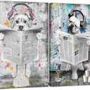 Funny Dog Bathroom Wall Art - Set Of 2 Framed Canvas Prints - Humorous Black and White Toilet Decor With Headphones Bulldog and Yorkie - Funny Bathroom Decor For Restroom Bedroom Wall 16x24in
