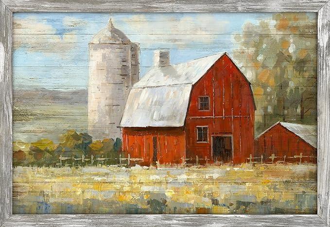 Barn Framed Wall Art Decor: Old Rustic Red Barn Painting Western Farmhouse Wooden Picture Country Silo Landscape Artwork for Bedroom Kitchen Home 36'' x 24''