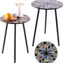 Party Zealot Metal Mosaic Round Side Tables Set of Two 13.4" Small Outdoor Patio Round Accent Coffee Tables Indoor Corner Stand for Small Spaces Weather-Resistant for Balcony Plant Stand (Brown Mixed Yellow)