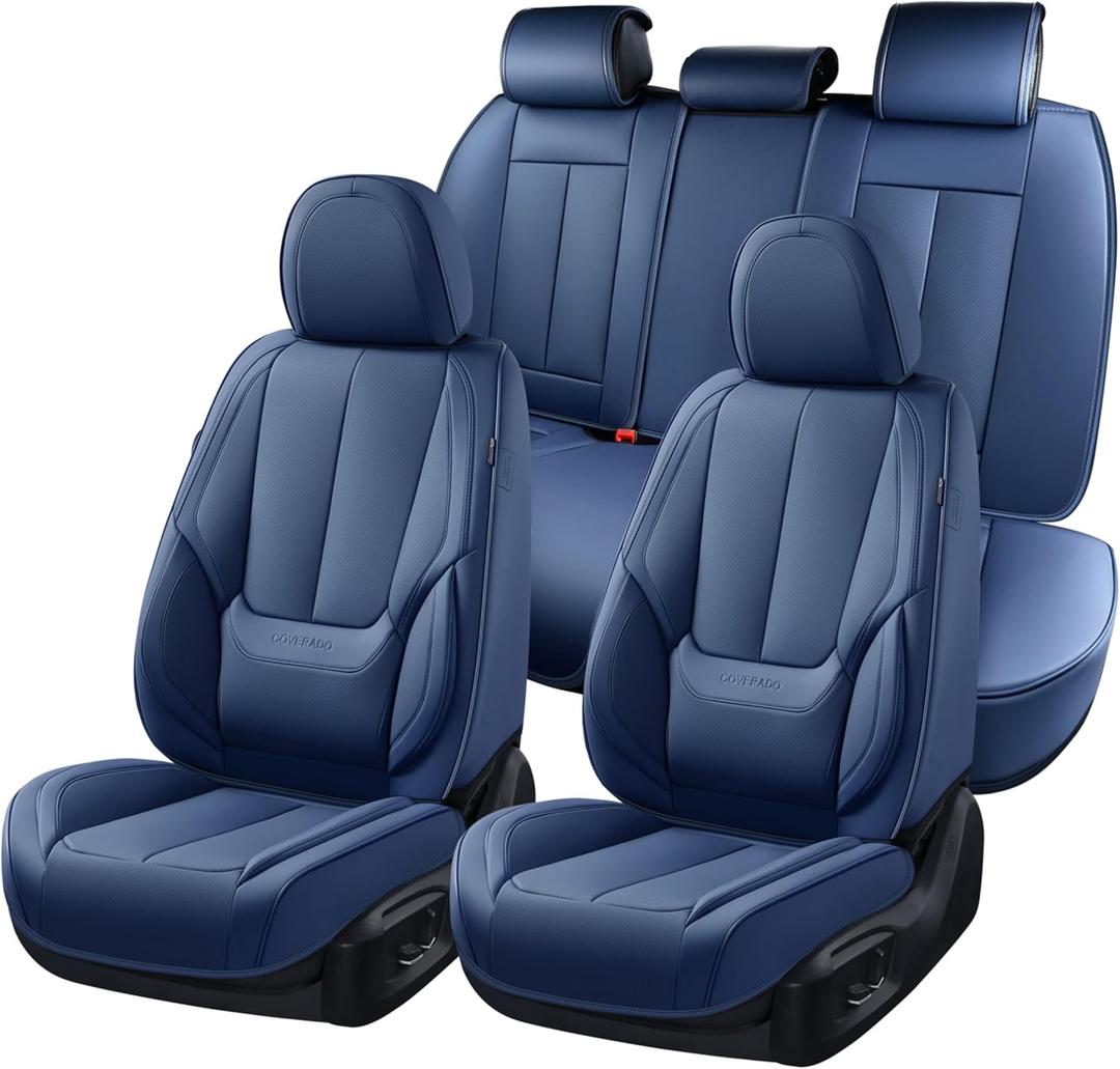 Coverado Car Seat Covers Full Set, Seat Covers for Cars, Front Seat Covers and Back Seats Cover, Car Seat Protector Waterproof, Nappa Leather Car Seat Cushion Universal Fit for Most Cars Blue