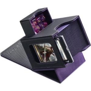 Mage Tech Card Deck Box for MTG Commander - Patented Design, Commander Display, Fits 100 Double-Sleeved Cards, 35pt Card Brick & Dice Tray - Black/Purple