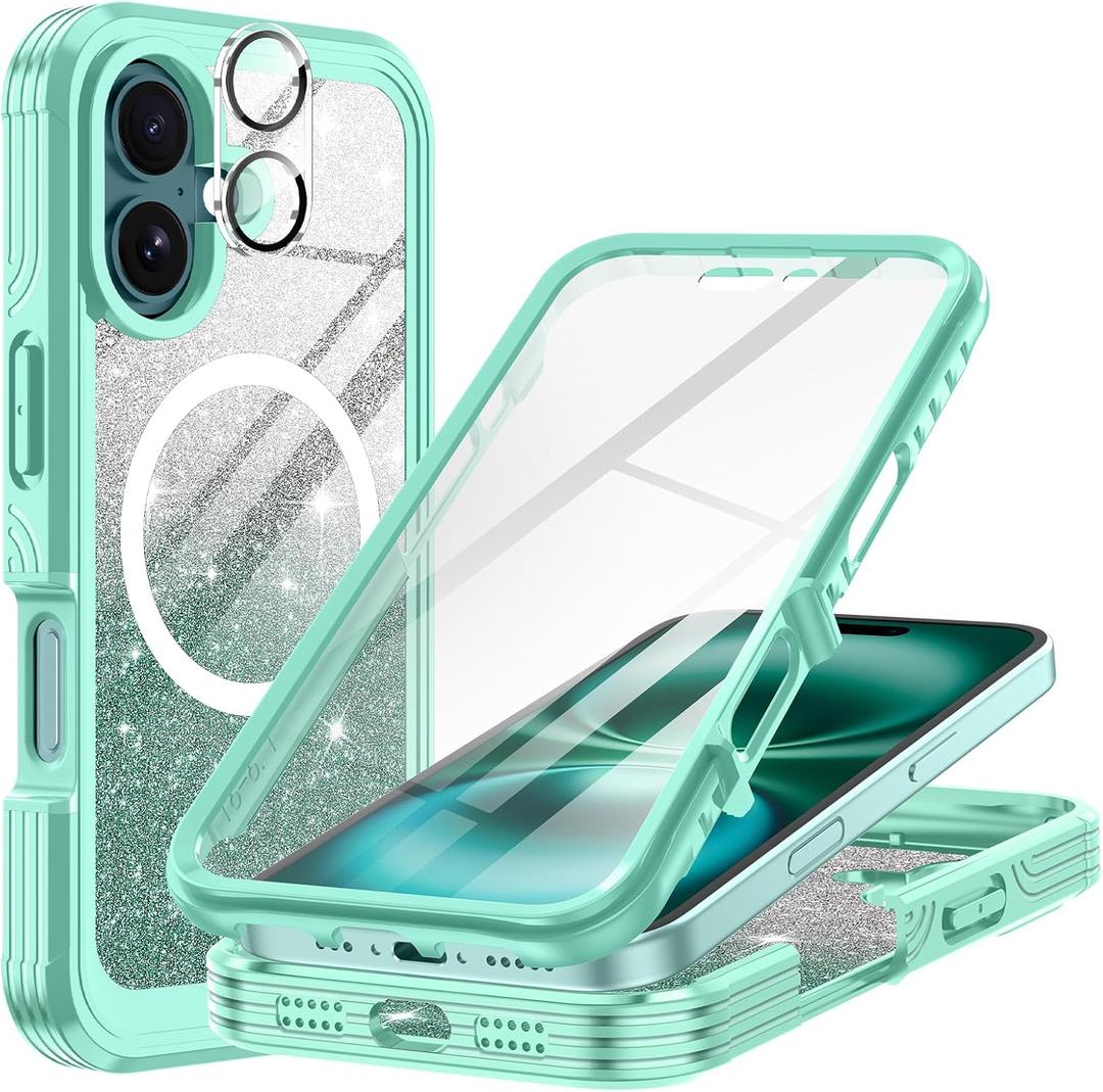 Hekodonk for iPhone 16 Plus Case, Compatible with Magsafe [Built-in Tempered Glass Screen Protector & Camera Lens Protection] Full Body Shockproof Protective Women Girl Bling Case,Green