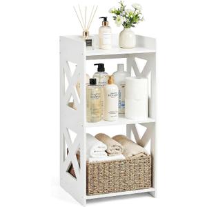 Small Bathroom Storage Corner Shelf, Waterproof PVC Narrow Floor Stand, Slim Gap Filler Organizer for Toilet Side, Laundry Room, Shower, Kitchen Spice Rack, White Restroom Holder (3-Tier)
