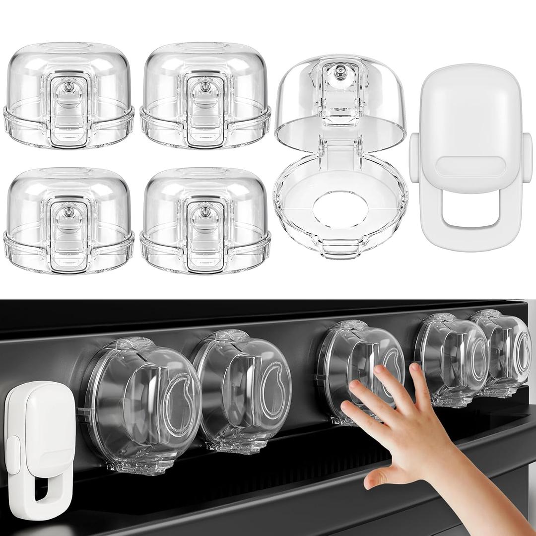 Stove Knob Safety Covers for Child (5 + 1 Pack), Upgraded Universal Size Press Gas Stove Covers with Adhesive, Heat-Resistant Childproof Oven Knob Locks for Kids and Pets (Clear)