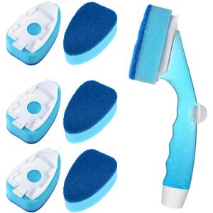 Non Scratch Dishwand Refill with Handle, 6 Heavy Duty Dish Wand Refills, Replacement Sponge Heads Set, Soap Control Dispenser Scrubbers, Dishwashing Scrub Dispensing Brush, Dishwasher Cleaning Tool (7 Piece Set, Blue)