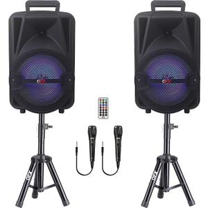 QFX PBX-800TWS 8-Inch TWS Bluetooth Stereo PA System with 2 8" Speakers, 2 Microphones, 2 Stands, and a Remote Control
