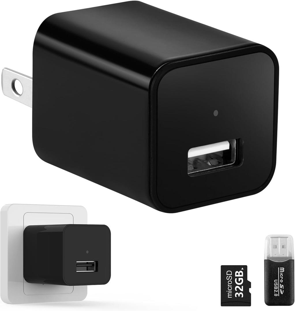 No Audio Charger Camera - Video-Only 1080P Small Camera with Motion Detection - Covert Nanny Cam for Home Indoor Security - 32GB Micro SD Card Included