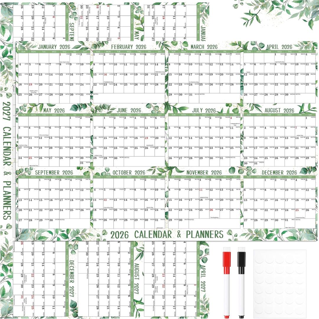 2026 2027 Yearly Wall Calendar Dry Erase Calendar for Wall 32" x 48" Large Erasable Monthly Wall Calendar Wet & Dry Erase Yearly Planner, Jan. 2026 - Dec. 2027 Double-Sided, Green