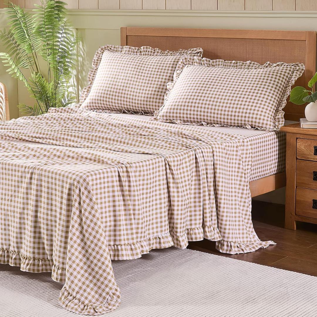 Gingham Queen Sheet Set, Lightweight Super Soft Brushed Microfiber Plaid Bed Sheets with 16" Deep Pocket, 4 Piece Ruffle Farmhouse Bedroom Decor, Taupe
