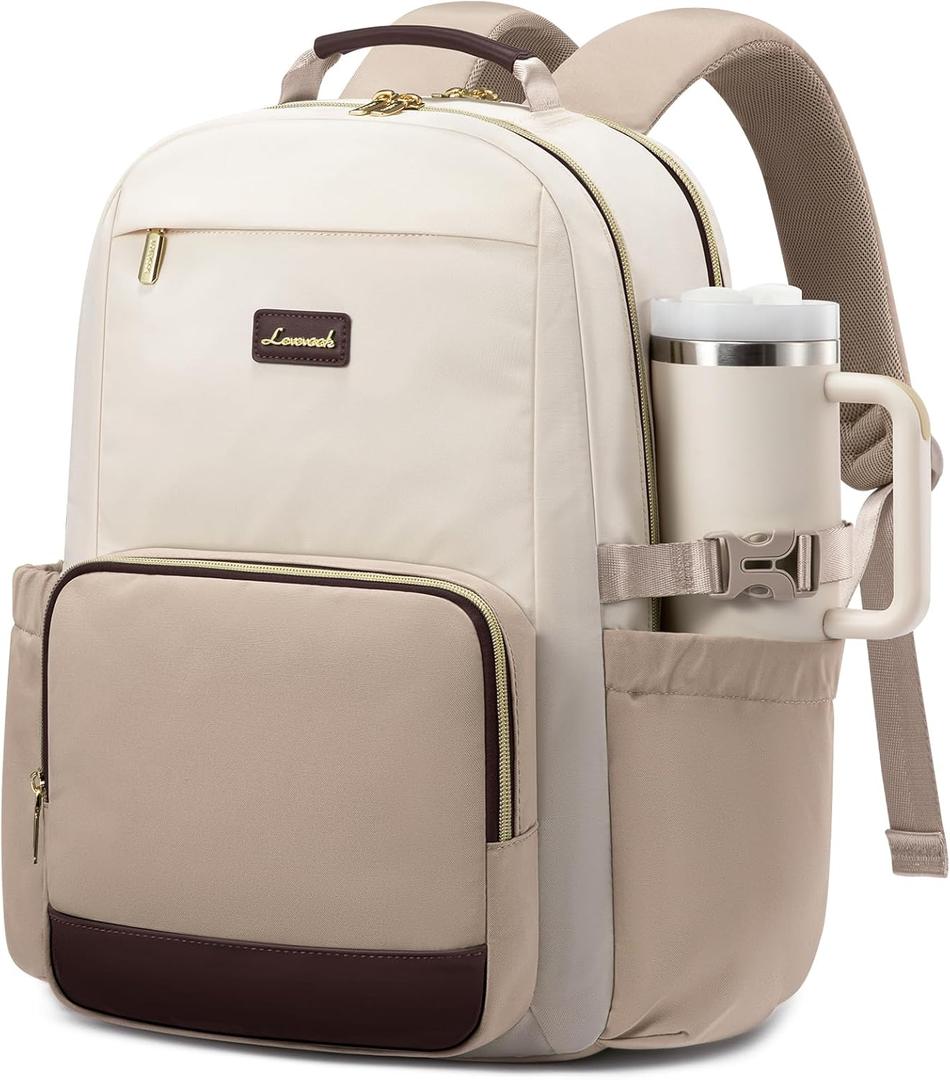 LOVEVOOK Laptop Backpack for Women with Pouch Pocket for Large Capacity Cup,17 Inch Laptop Computer Bag Travel Backpack Purse,Waterproof Work Business College Teacher Backpack,Beige-Nude-Logam Plum