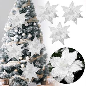 Soulchen 4 Pcs Large White Pearl Poinsettia Christmas Flowers Picks 11 '' Artificial Glitter Poinsettia Floral with Stem for Xmas Winter Tree Garland Vase Wreath Decoration Supplies