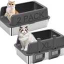 2 Pack Stainless Steel Open Cat Litter Box with High Sides, Large Cat Litter Tray for Big Cats, Metal Litter Box, Easy Cleaning, Include Scoop, 24" L x 16" W x 9.8" H(Dark Gray)