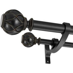 Matte Black Double Curtain Rods 28 to 48 Inch, Decorative Double Window Rod with Classic Finials, 1-Inch Front and 5/8 Inch Back Double Rod Drapery Rods