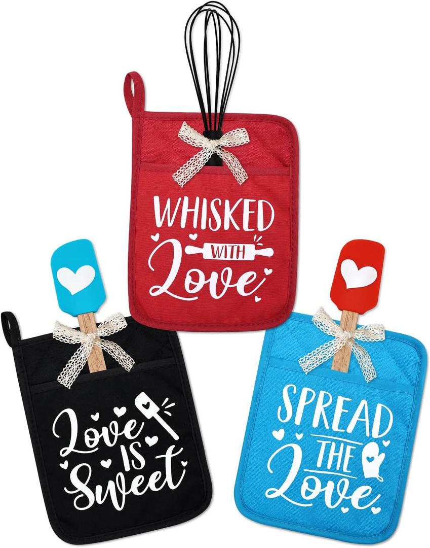 Vansolinne Bridal Shower Potholder Silicone Spatula Whisk with Bowknots Baking Kit Gifts for Games Prize, Love is Sweet Wedding Shower Party Prize for Guests Valentine's Day Favors Set of 3