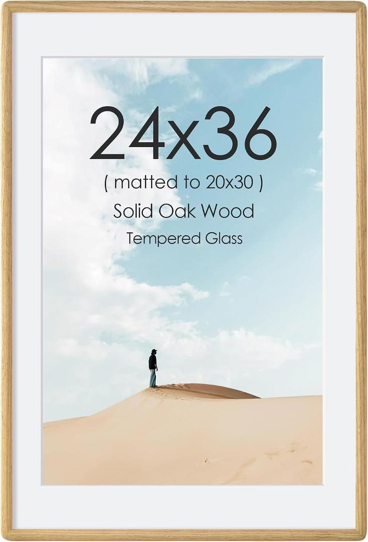 Acovy 24x36 Picture Frame, Solid Oak Wood Picture Frame with Tempered Glass, 24x36 Poster Frame for Wall, 24 x 36 Wooden Photo Frames Matted to 20x30, Vertical & Horizontal Wall Hanging Display, 24"×36"-1P