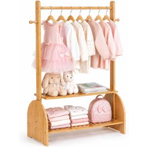 BAMBOOHOMIE Kids Clothing Rack with Adjustable Rods, Children Clothes Garment Rack for Kids Baby Pet, Kids Dress Up Rack with 2 Bottom Shelves, Kids Wardrobe Closet for Toddlers Nursery (Natural)