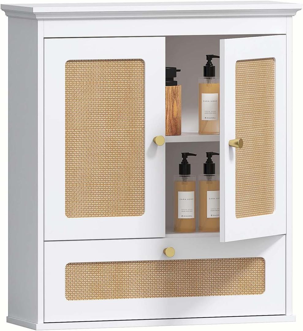 Spirich Bathroom Wall Cabinet Over Toilet, Boho Rattan Medicine Cabinet with Adjustable Shelf, Space-Saving Wall Mount Storage, 24.9 inches W x 7.5 inches D x 24.4 inches H