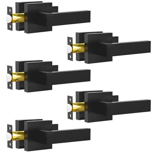 RAZCC Passage Door Lever, 4 Pack Matte Black Interior Door Handles for Hallway and Closet, Heavy Duty Square Interior Keyless Door Handles Non-Locking Door Knobs for Right & Left Side Door