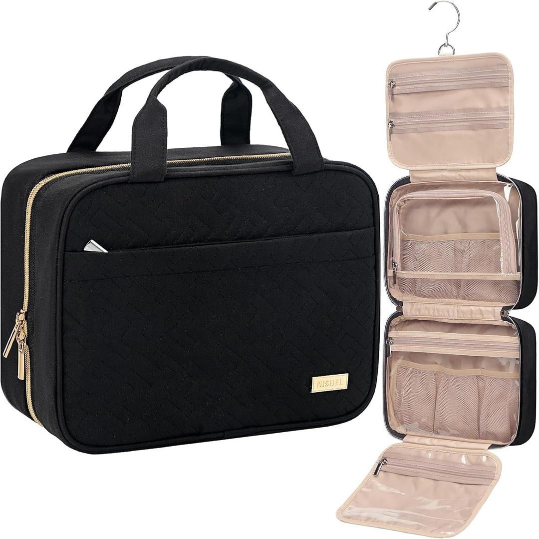 NISHEL Travel Toiletry Bag for women, Portable Hanging Organizer for Travel-Sized Shampoo, Conditioner, Brushes Set, makeup Accessories, Medium Size, Black