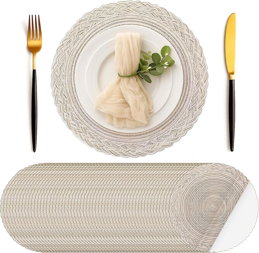 Geosar 100 Pcs Disposable Paper Placemats Cotton Woven Look 13'' Boho Round Placemats with Wavy Edge Rustic Table Pads Bulk for Dining Table Decoration Birthday Wedding Bridal Party(Beige)