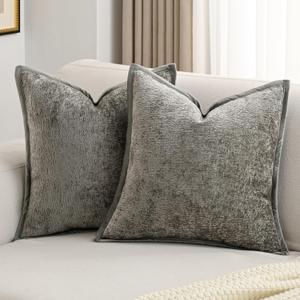 FUTEI Grey Chenille Throw Pillow Covers 24x24 Inch Set of 2,Soft Cozy Bound Edge Design European Cushion Cover,Home Decor for Couch Bed Living Room