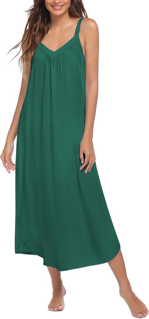 Ekouaer Womens Nightgown Sleeveless Long Night Gown Full Slip Sleep Dress Print Sleepwear Soft Lounge Dress (Medium, Dark Green)