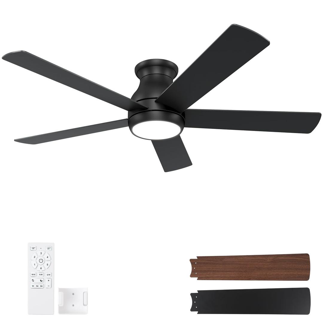 POCHFAN 52 Inch Black Ceiling Fans with Lights and Remote, LED Low Profile Flush Mount Ceiling Fan for Bedroom, Living Room, with Quiet DC Motor, Dimmable 6 Speeds