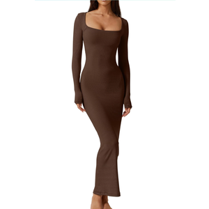 QINSEN Women's Long Maxi Dress Square Neck Long Sleeve Ribbed Bodycon Lounge Dresses, Large