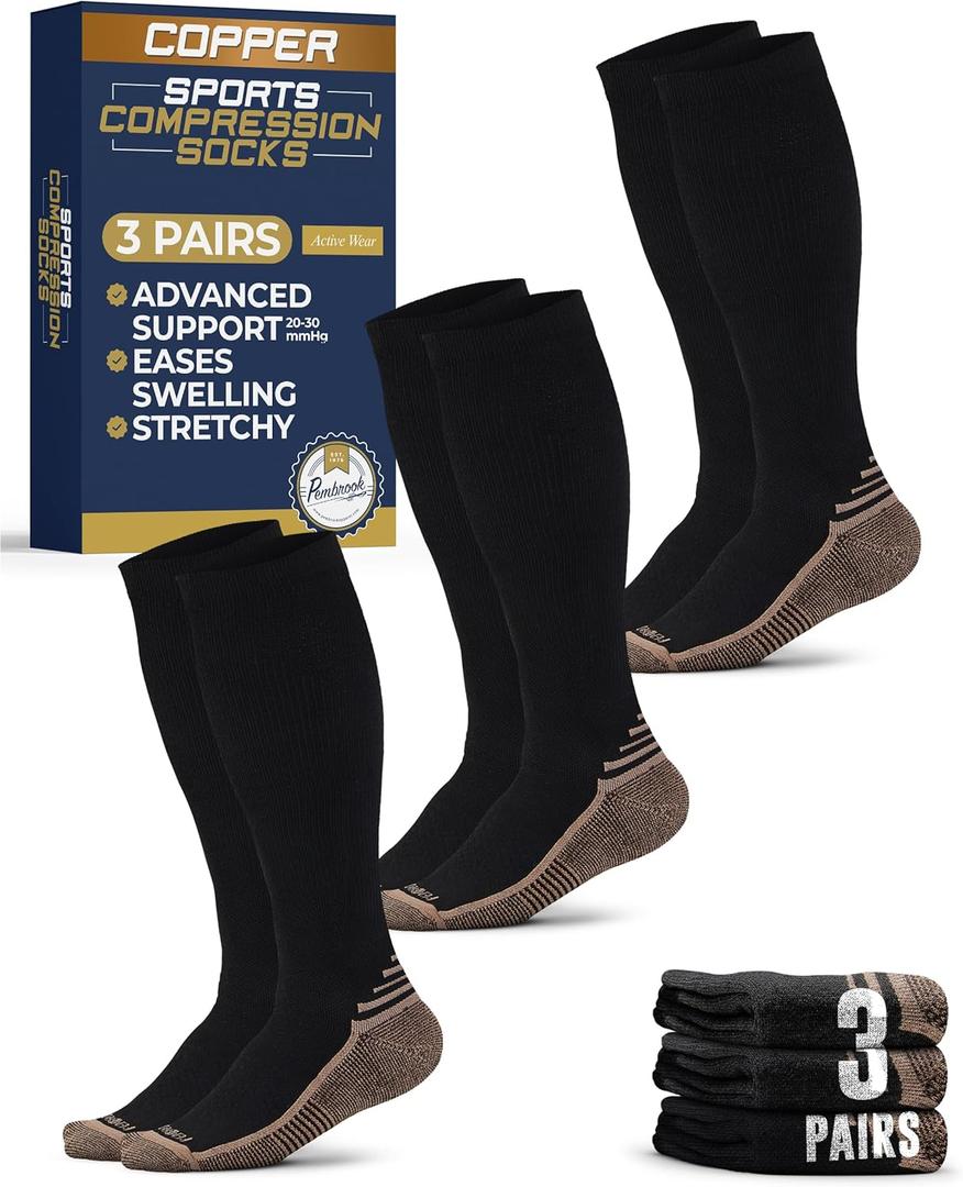 Pembrook 3 Pairs Copper Mens Compression Socks 20-30 mmHg, Running, Hiking, Athletic Cycling, Travel | Circulation Support (XX-Large)