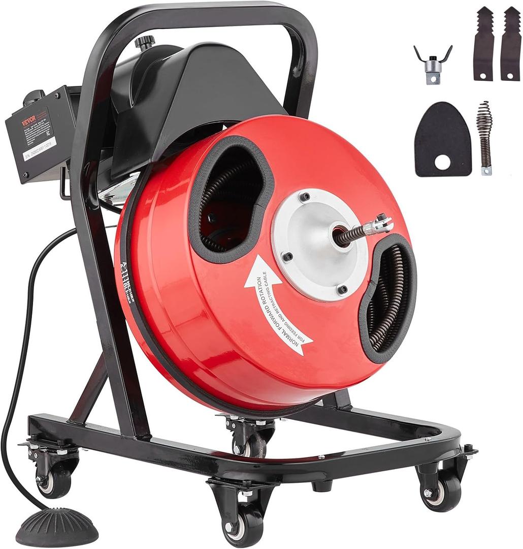 VEVOR 50FT x 1/2Inch Sewer Snake Cleaning Machine on 4 Wheels Electri Drain Auger with 4 Cutters & Foot Switch for 1''-4'' Pipes, Red, Black