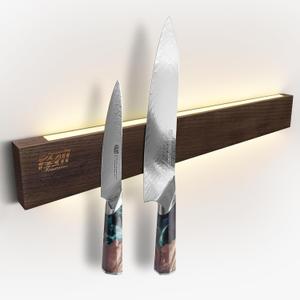 FINDKING 18 Inches Lighted Magnetic Knife Strip, Backlit LED Utensil Holder for Wall and Refrigerator, Magnet Knife Rack for Home Kitchen, No Drill (Ash Wood, Dark Brown)