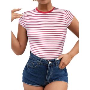 LilyCoco Womens Striped Shirt Cap Sleeve Crewneck T Shirt Color Block Fitted Top Red and White Small Red, Small