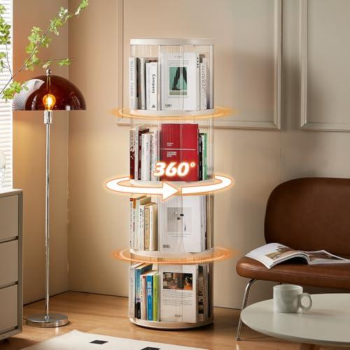 SYNCVIBE 4 Tier Rotating Bookshelf, Small Corner Bookshelf for Small Space, 360 Display Floor Standing Bookcase, Plastic Narrow Book Organizer Shelf for Bedroom, Living Room, Round, White, Lazy Susan