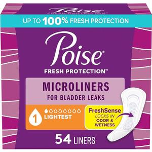 Poise Daily Microliners, Incontinence Panty Liners for Bladder Leaks, 1 Drop Lightest Absorbency, Regular, 54 Count of Pantiliners (6 Pack)