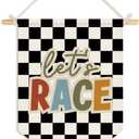 Wheatwin Toddler Boys Room Decor, Race Car Playroom Wall Decor for Kids Nursery Bedroom, Let's Race Black Checkered Wall Hanging Pennant Flag Banner, 15x11 Inch