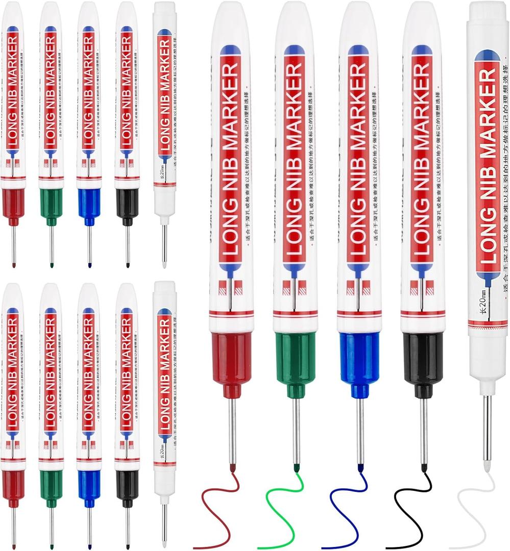 15 Pcs Long Nib Marker, 20 mm Long Head Deep Hole Marker Pens, Fine Nose Tip Deep Reach Permanent Paint Markers for Metal, Marking Pen for Drilling, Carpenter, Woodworking, Construction (Colorful)