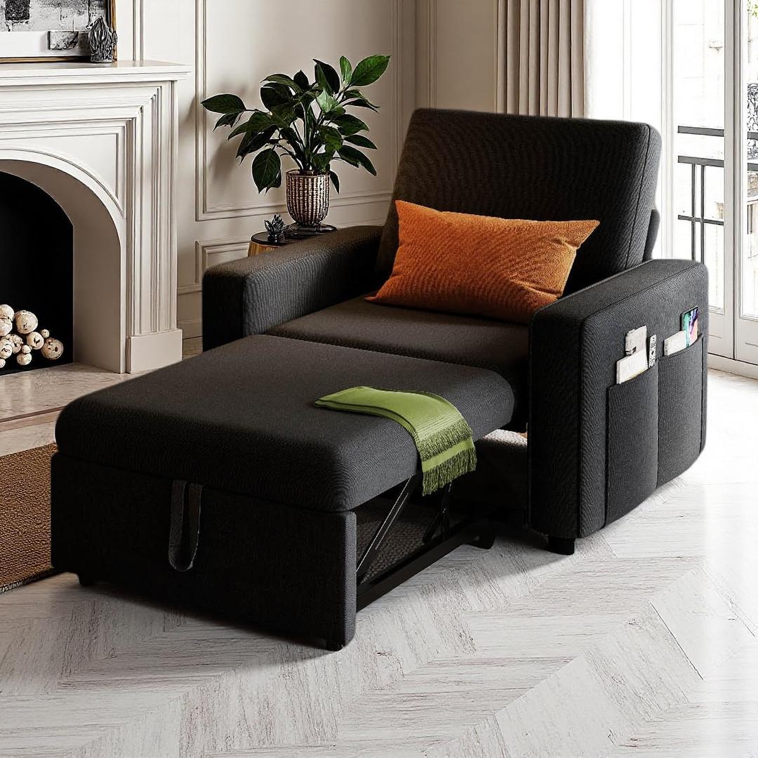 DWVO Convertible Sleeper Chair, 3-in-1 Sofa Bed with Pull-Out Bed, 75" Single Sleeper Couch with Reclining Backrest and Wide Armrest, Linen Futon Couch for Dorm Apartment, Black