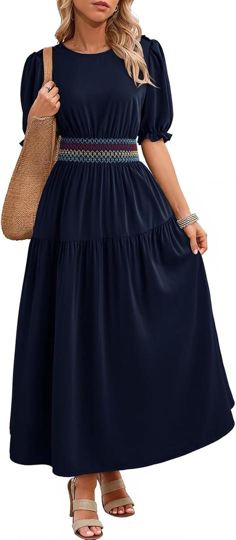Dokotoo Women's Summer 2026 Casual Midi Maxi Dresses Lightweight Short Sleeve Crew Neck Elastic Waist Smocked Boho Dress (M)