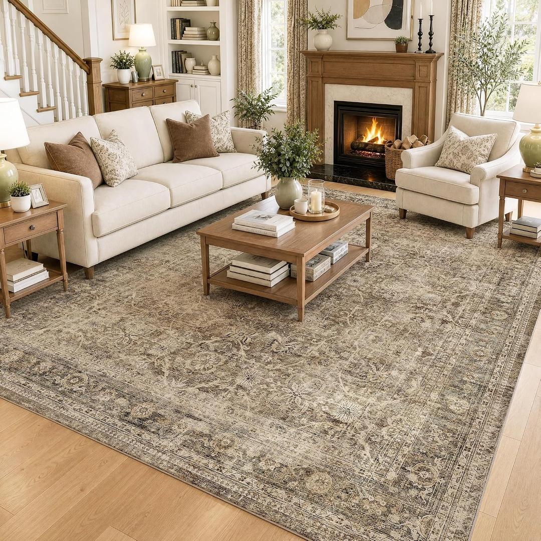 FMFUNCTEX 10x12 Washable Brown Neutral Vintage Area Rug for Living Room